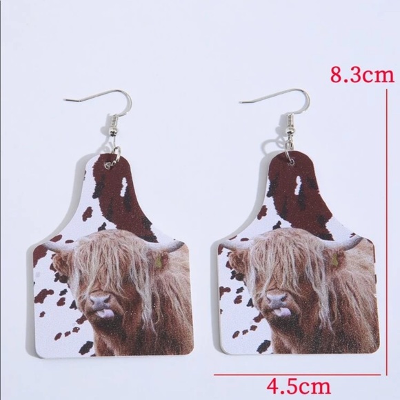 •Leather Cow Geometric Dangle Earrings• - Picture 4 of 4